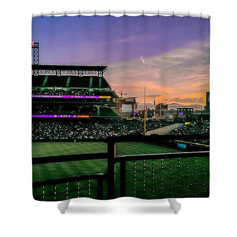 Baseball Shower Curtain featuring the photograph Rockies game at sunset by Stacy Abbott