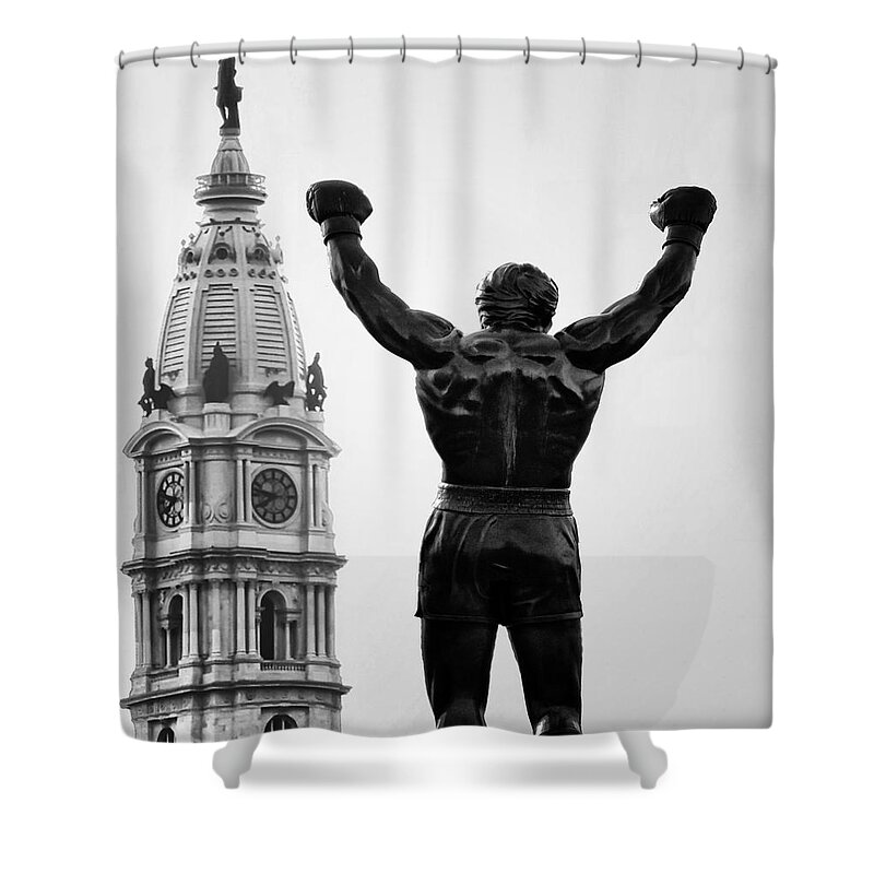 Rocky Shower Curtain featuring the photograph Rocky and Philadelphia by Bill Cannon