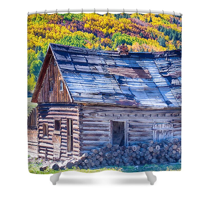 Autumn Shower Curtain featuring the photograph Rocky Mountain Rural Rustic Cabin Autumn View by James BO Insogna