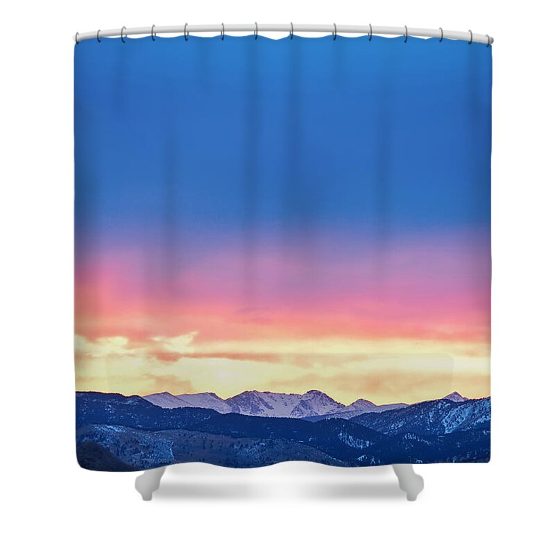 Winter Shower Curtain featuring the photograph Rocky Mountain Sunset Clouds Burning Layers by James BO Insogna