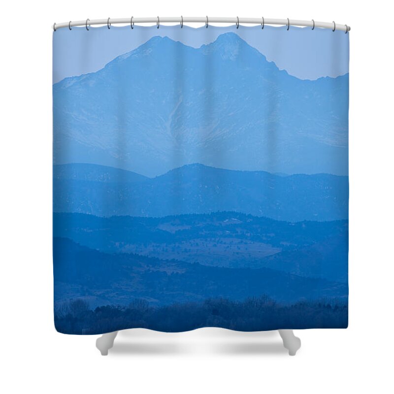 Layers Shower Curtain featuring the photograph Rocky Mountains Twin Peaks Blue Haze Layers by James BO Insogna