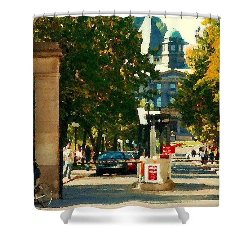 Mcgill University Shower Curtain featuring the painting Roddick Gates Painting Mcgill University Art Students Stroll The Grand Montreal Campus C Spandau by Carole Spandau