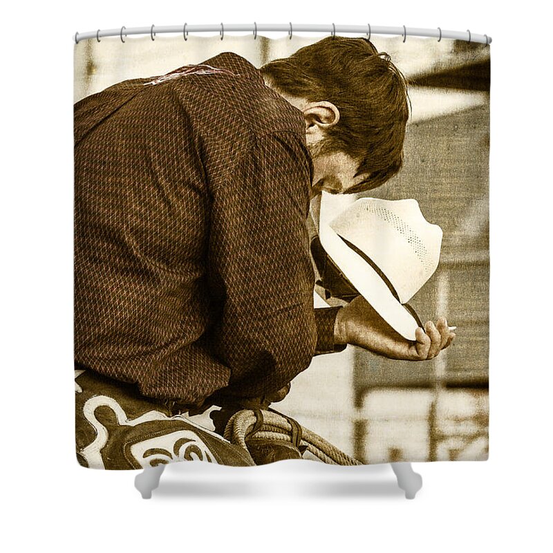 Steven Bateson Shower Curtain featuring the photograph Rodeo Cowboy Prayer by Steven Bateson