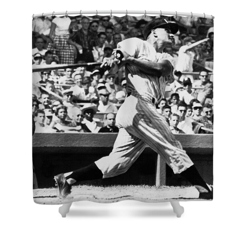1950's Shower Curtain featuring the photograph Roger Maris Hits 52nd Home Run by Underwood Archives