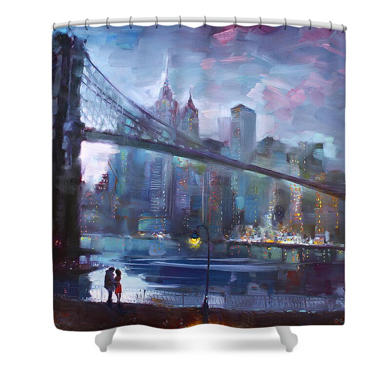 Romance Shower Curtain featuring the painting Romance by East River II by Ylli Haruni