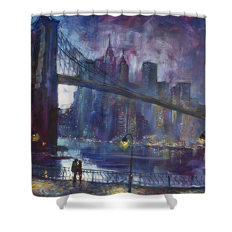 Brooklyn Bridge Shower Curtain featuring the painting Romance by East River NYC by Ylli Haruni