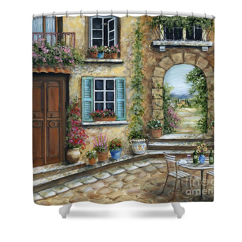 Wine Shower Curtain featuring the painting Romantic Tuscan Courtyard by Marilyn Dunlap
