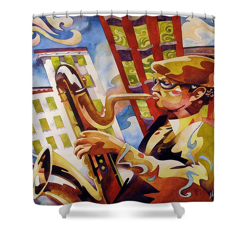 Watercolor Shower Curtain featuring the painting Rooftop Baritone by Mick Williams