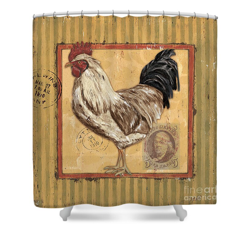 Rooster Shower Curtain featuring the painting Rooster and Stripes by Debbie DeWitt