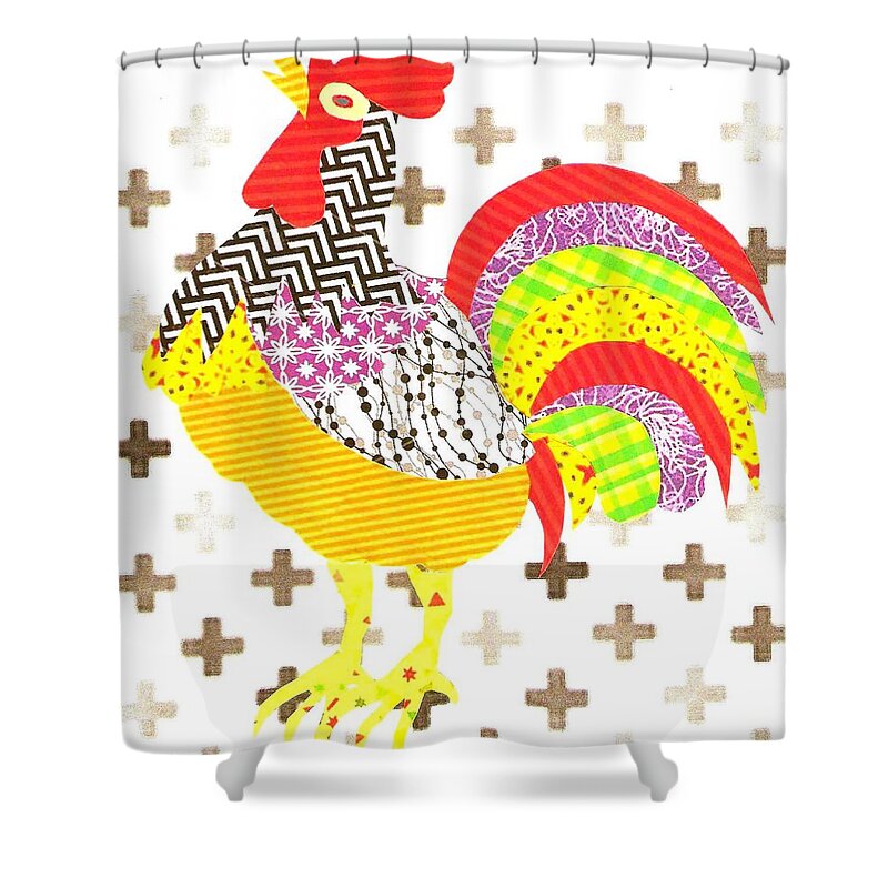 Collage Shower Curtain featuring the mixed media Rooster Crowing by Jim Harris