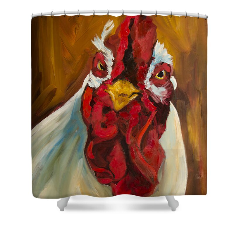 Rooster Art Shower Curtain featuring the painting Rooster Face by Diane Whitehead