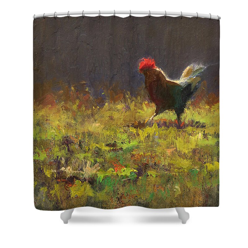 Rustic Painting Shower Curtain featuring the painting Rooster Strut - Impressionistic Chicken Landscape - Abstract Farm Art - Chicken Art - Farm Decor by K Whitworth