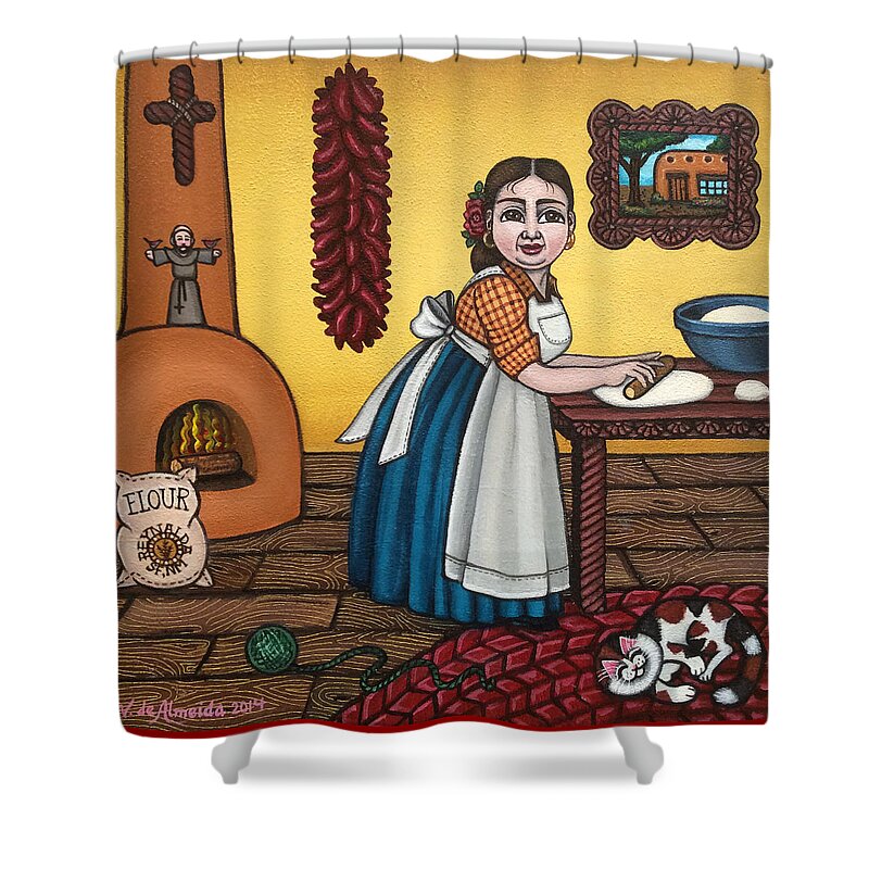 Cook Shower Curtain featuring the painting Rosas Kitchen by Victoria De Almeida