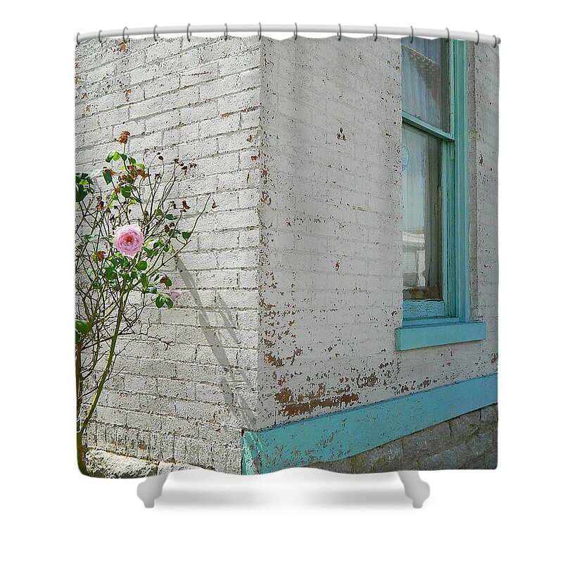 House Shower Curtain featuring the photograph Rose White Blue House by Kathy Barney