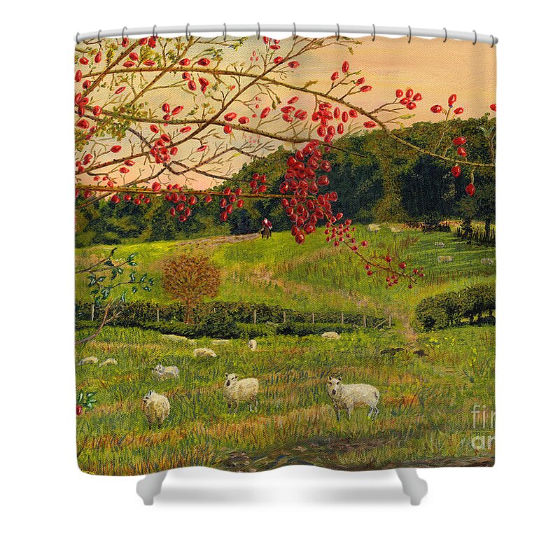 Rosehips Welsh Landscape Art Shower Curtain featuring the painting Rosehips Welsh Landscape Art by Edward McNaught-Davis