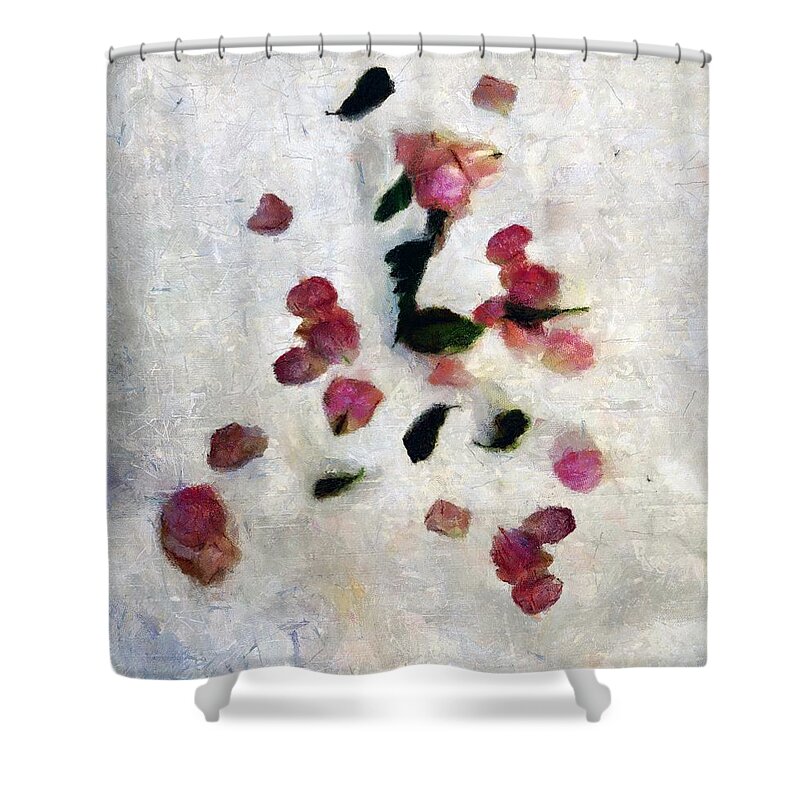 Snow Shower Curtain featuring the painting Rosepetal Runes by RC DeWinter