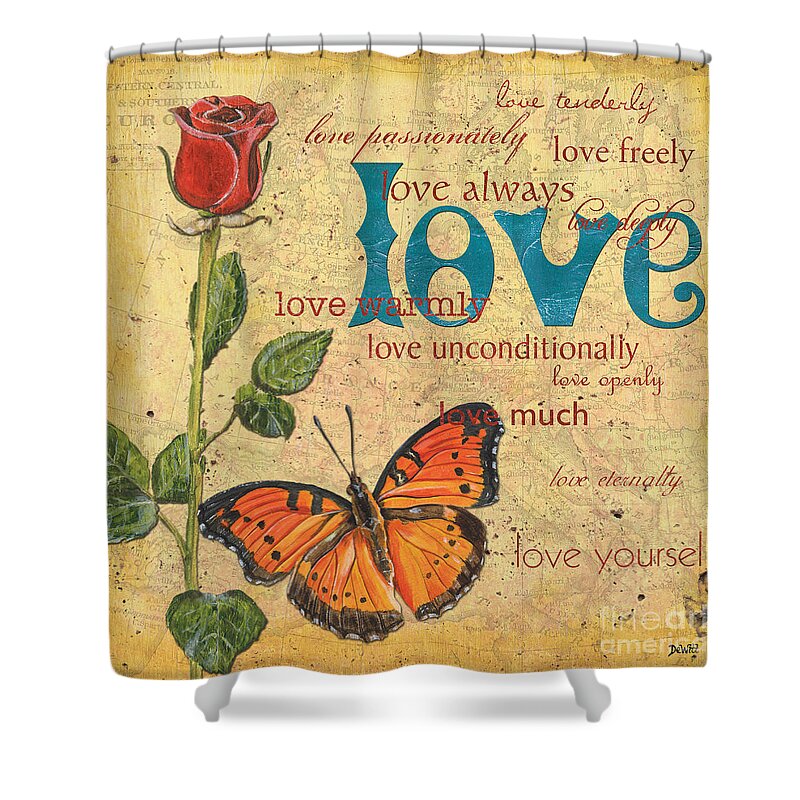 Inspirational Shower Curtain featuring the mixed media Roses and Butterflies 2 by Debbie DeWitt