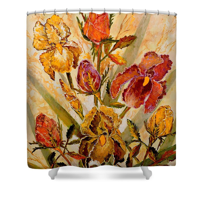 Roses Shower Curtain featuring the painting Roses and Irises by Lou Ann Bagnall