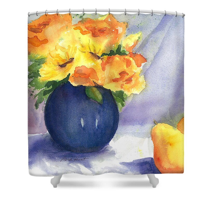 Sunflowers And Roses Shower Curtain featuring the painting Roses and Sunflowers by Maria Hunt