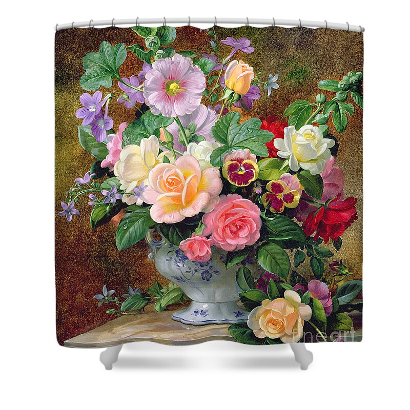 Still-life Shower Curtain featuring the painting Roses pansies and other flowers in a vase by Albert Williams