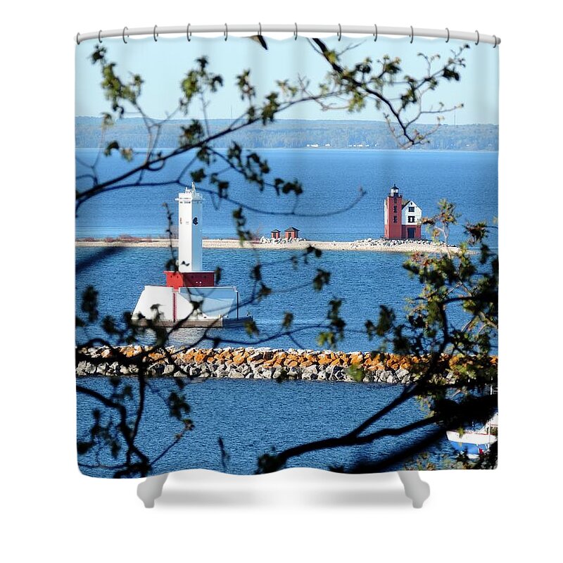 Lighthouses Shower Curtain featuring the photograph Round Island Lighthouse and Round Island Passage Light by Keith Stokes
