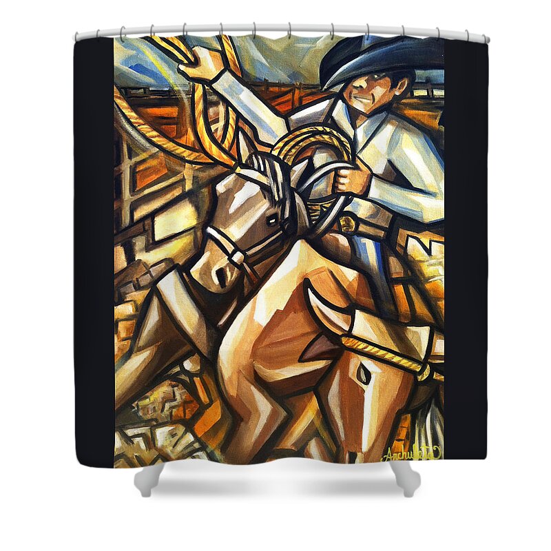 Horse Shower Curtain featuring the painting Cowboy Roundup by Ruben Archuleta - Art Gallery