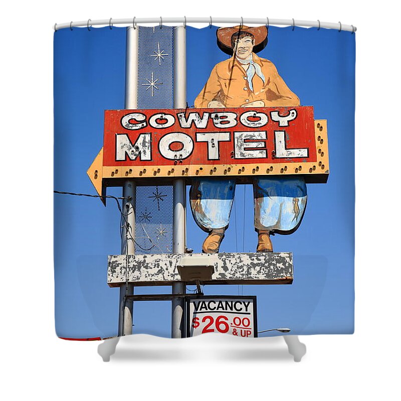 66 Shower Curtain featuring the photograph Route 66 - Cowboy Motel 2012 by Frank Romeo