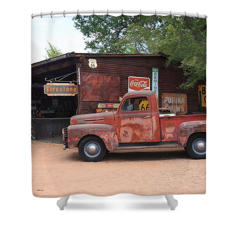 66 Shower Curtain featuring the photograph Route 66 Garage and Pickup 2012 by Frank Romeo