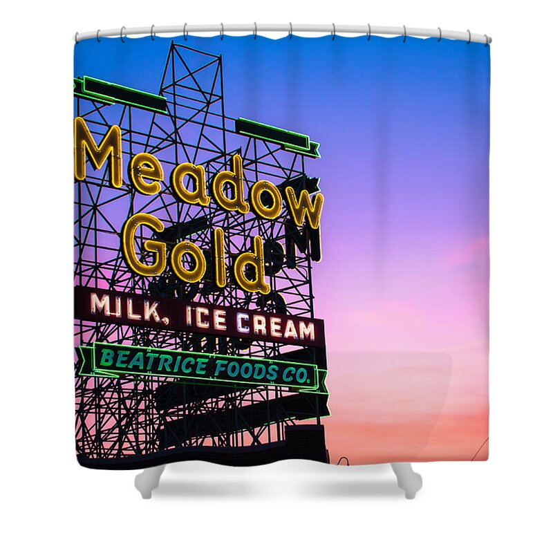 America Art Shower Curtain featuring the photograph Route 66 Meadow Gold Neon Sign - Tulsa Oklahoma by Gregory Ballos
