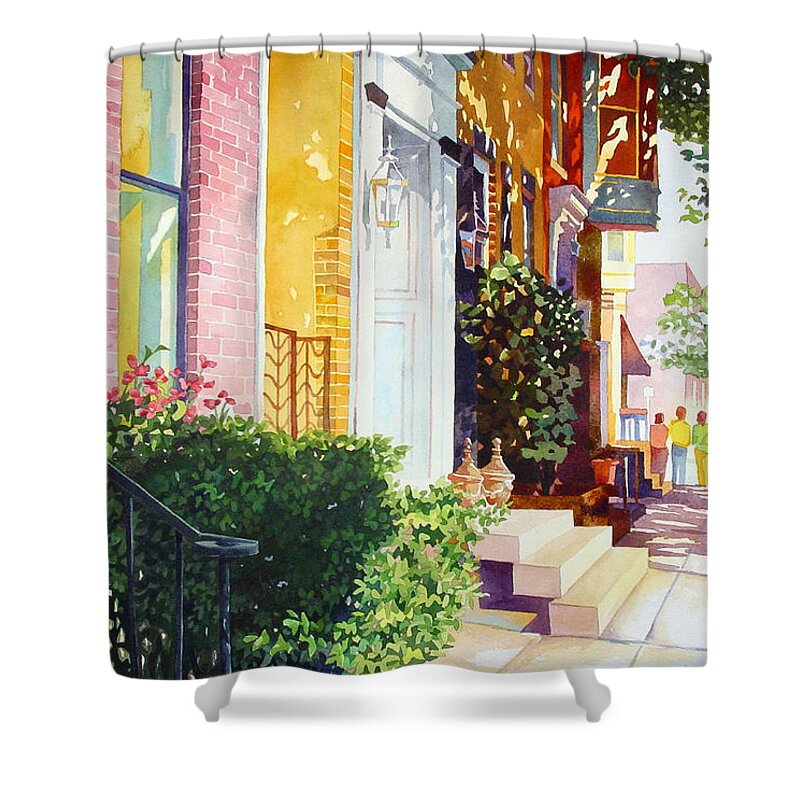Landscape Shower Curtain featuring the painting Rowhouses by Mick Williams