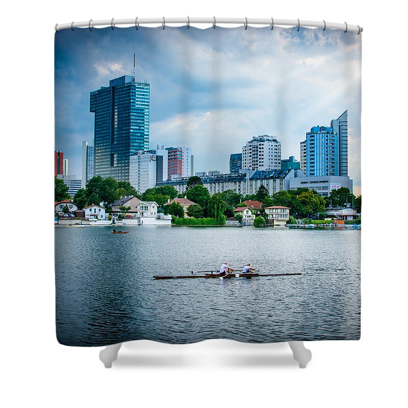 Skyline Shower Curtain featuring the photograph Rowing Boat And The Skyline Of Vienna by Andreas Berthold