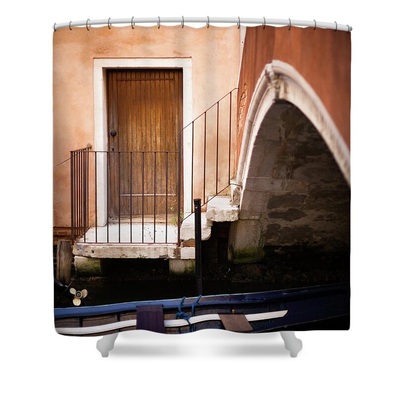 Steps Shower Curtain featuring the photograph Rowing Boat Moored Under Bridge by Halbergman