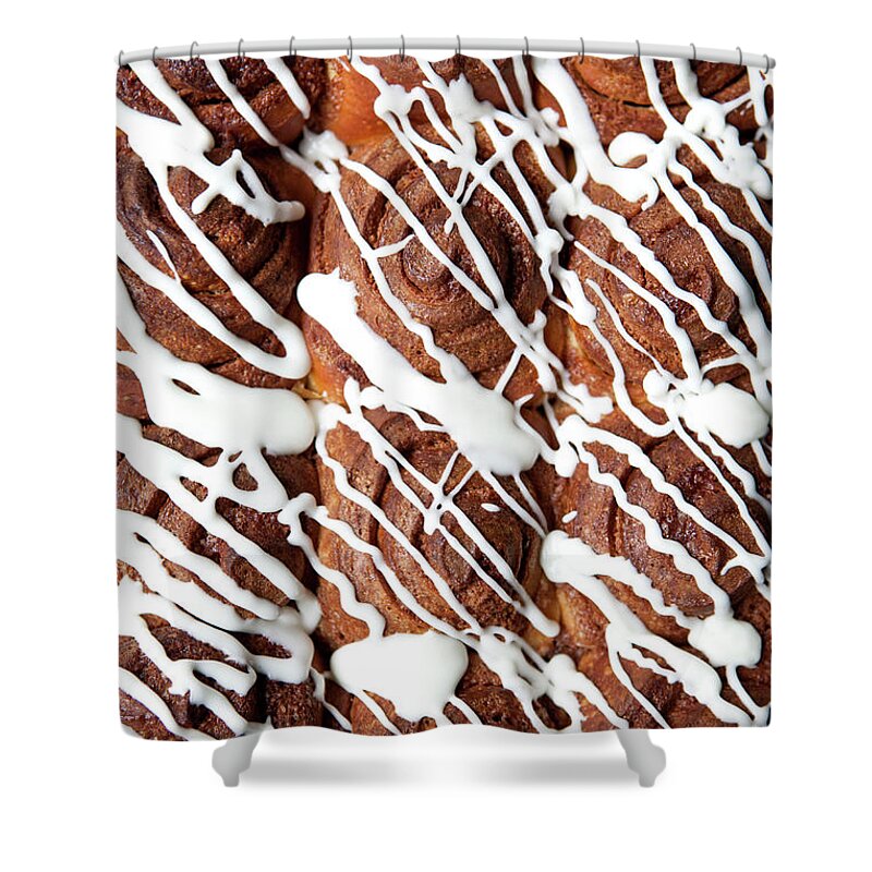 Breakfast Shower Curtain featuring the photograph Rows Of Cinnamon Rolls, Full Frame by Halfdark