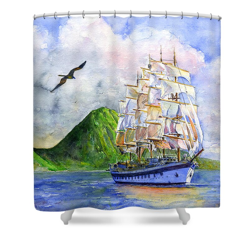 Caribbean Shower Curtain featuring the painting Royal Clipper leaving St. Lucia by John D Benson