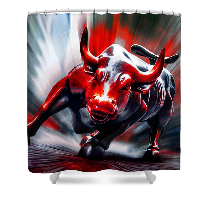 Wall Street Charging Bull In Red Shower Curtain featuring the photograph Run by Az Jackson