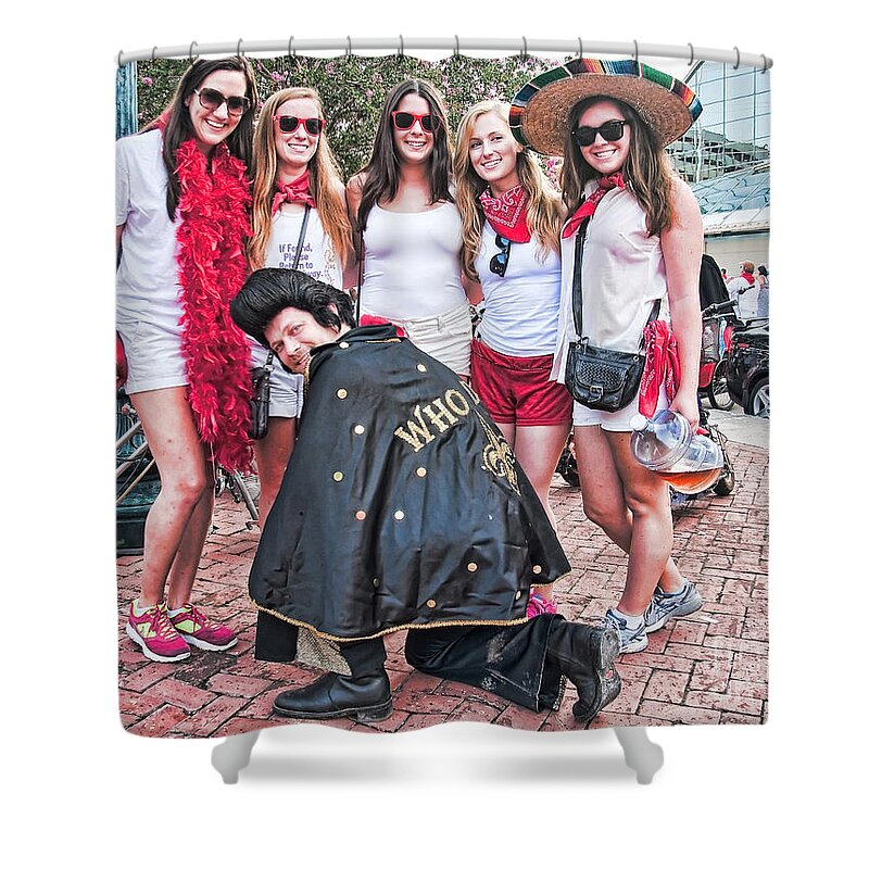 Women Shower Curtain featuring the photograph Runners and Elvis Who Dat at Running of the Bulls New Orleans by Kathleen K Parker