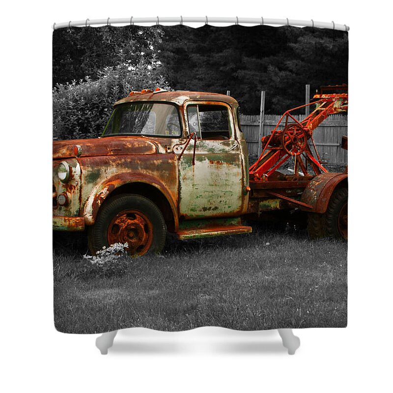 Rusty Shower Curtain featuring the photograph Rusty tow truck by Michael Porchik