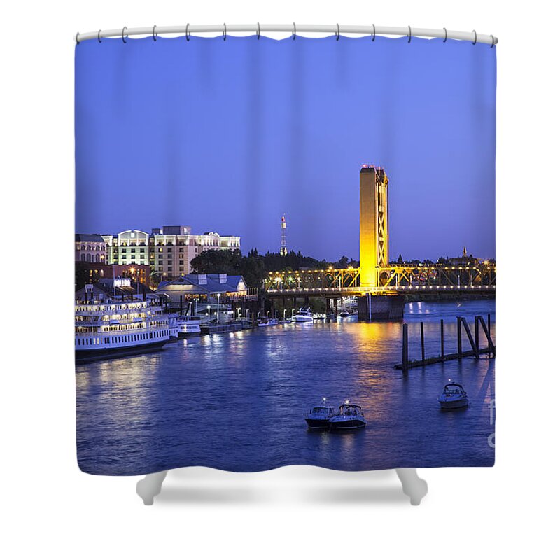 Downtown Shower Curtain featuring the photograph Sacramento River and Tower Bridge at dusk by Ken Brown