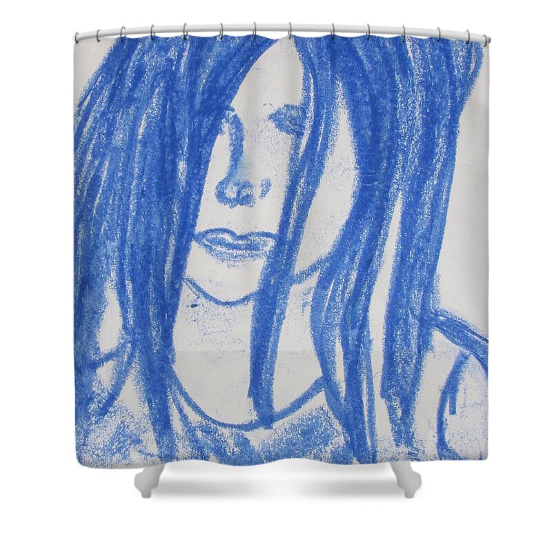 Blue Shower Curtain featuring the painting Sad Little Girl by Shea Holliman