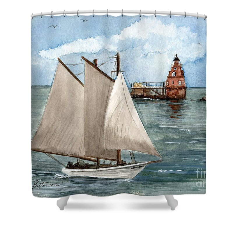 Ship John Shoal Lighthouse Shower Curtain featuring the painting Safely Past the Shoal by Nancy Patterson