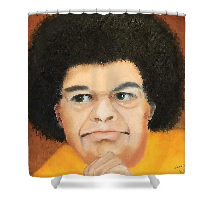 Art Shower Curtain featuring the painting Sai Baba by Ryszard Ludynia