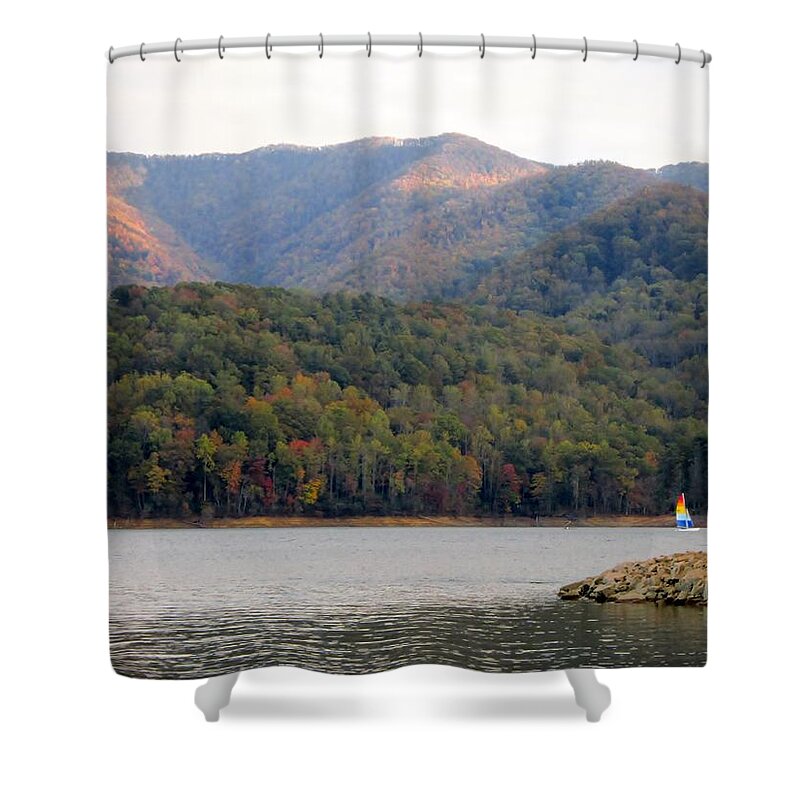Fall Shower Curtain featuring the photograph Sail boat and mountains by Cynthia Clark