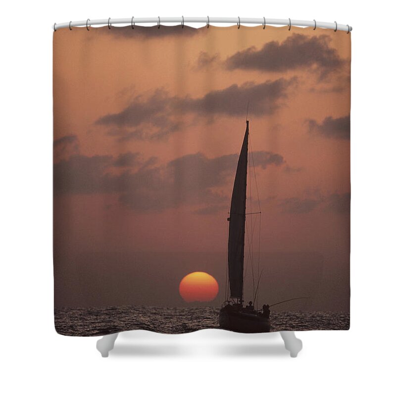 Feb0514 Shower Curtain featuring the photograph Sailboat Adrift At Sunset Sri Lanka by Flip Nicklin