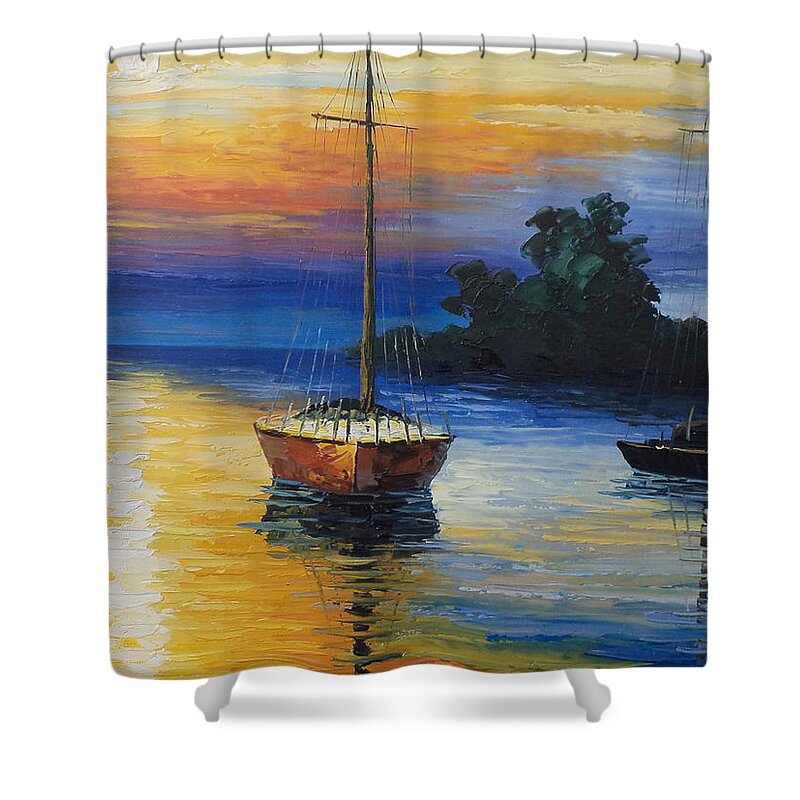 Landscape Shower Curtain featuring the painting Sailboat At Sunset by Rosie Sherman