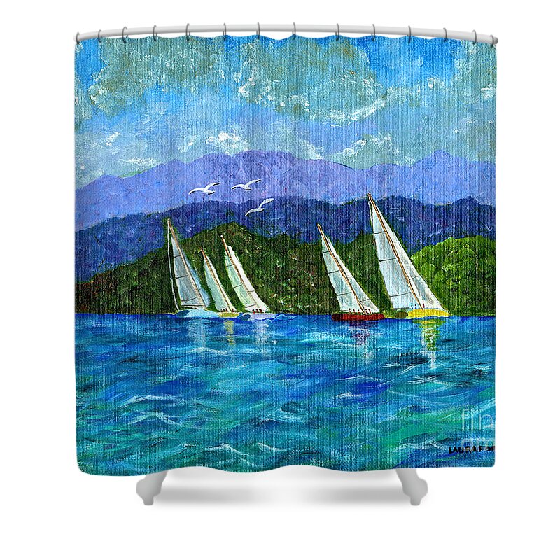 Landscape Shower Curtain featuring the painting Sailing by Laura Forde