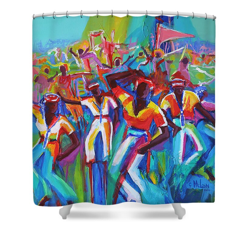 Abstract Shower Curtain featuring the painting Sailors Ashore by Cynthia McLean