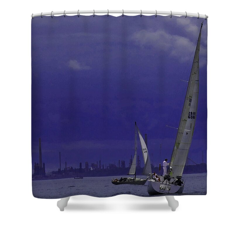 Sailboat Shower Curtain featuring the photograph Sails And Dark Sky by Ian MacDonald
