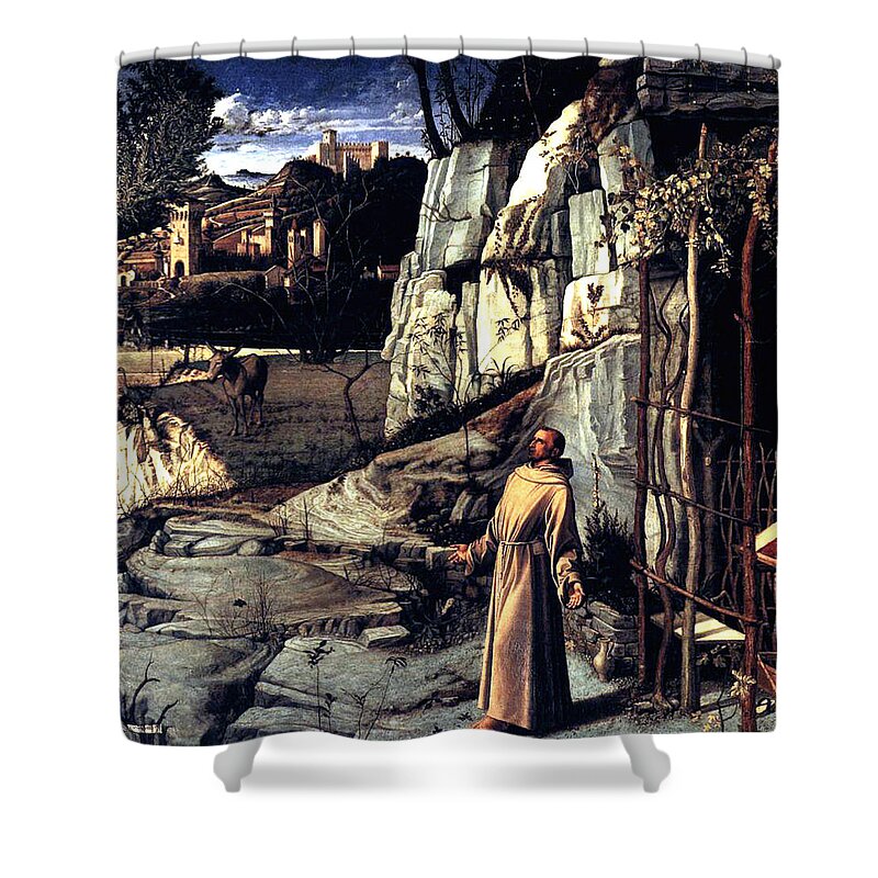St. Francis In Ecstasy Shower Curtain featuring the painting Saint Francis in Ecstasy 1485 Giovanni Bellini by Karon Melillo DeVega