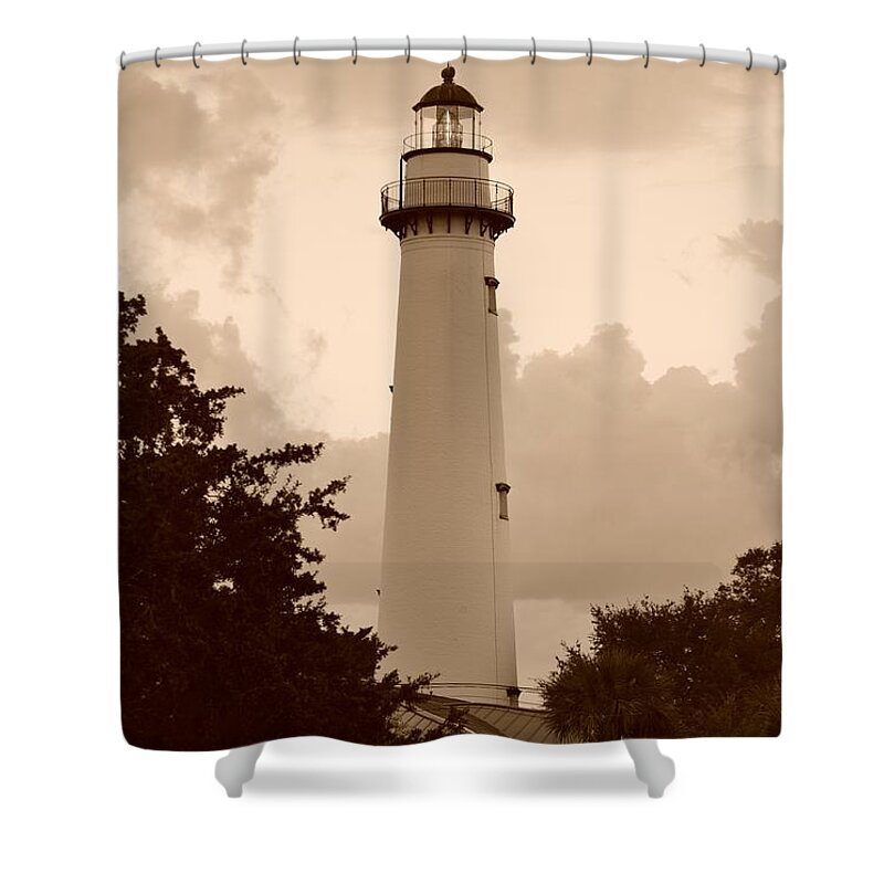 Sepia Shower Curtain featuring the photograph Saint Simons Lighthouse In Sepia by Bob Sample