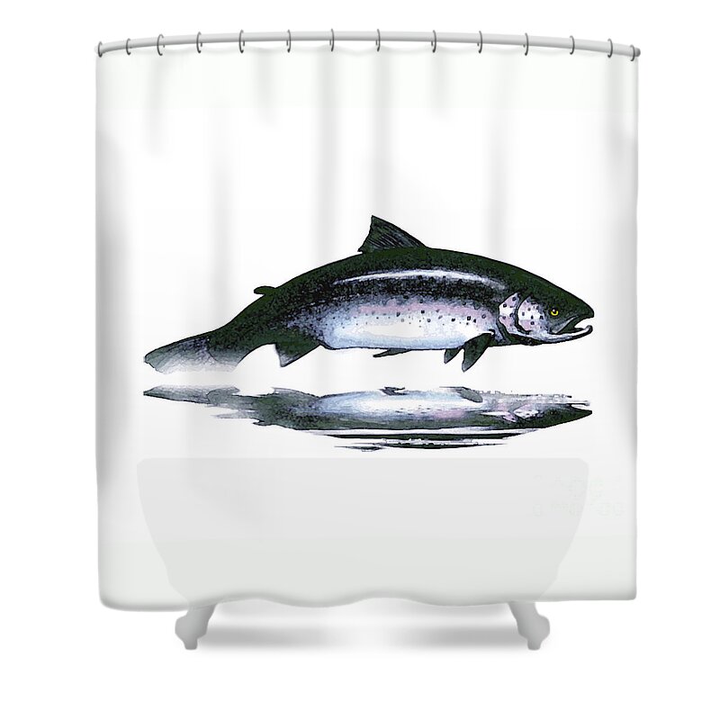Atlantic Salmon Shower Curtain featuring the mixed media Salar - the Leaper by Art MacKay